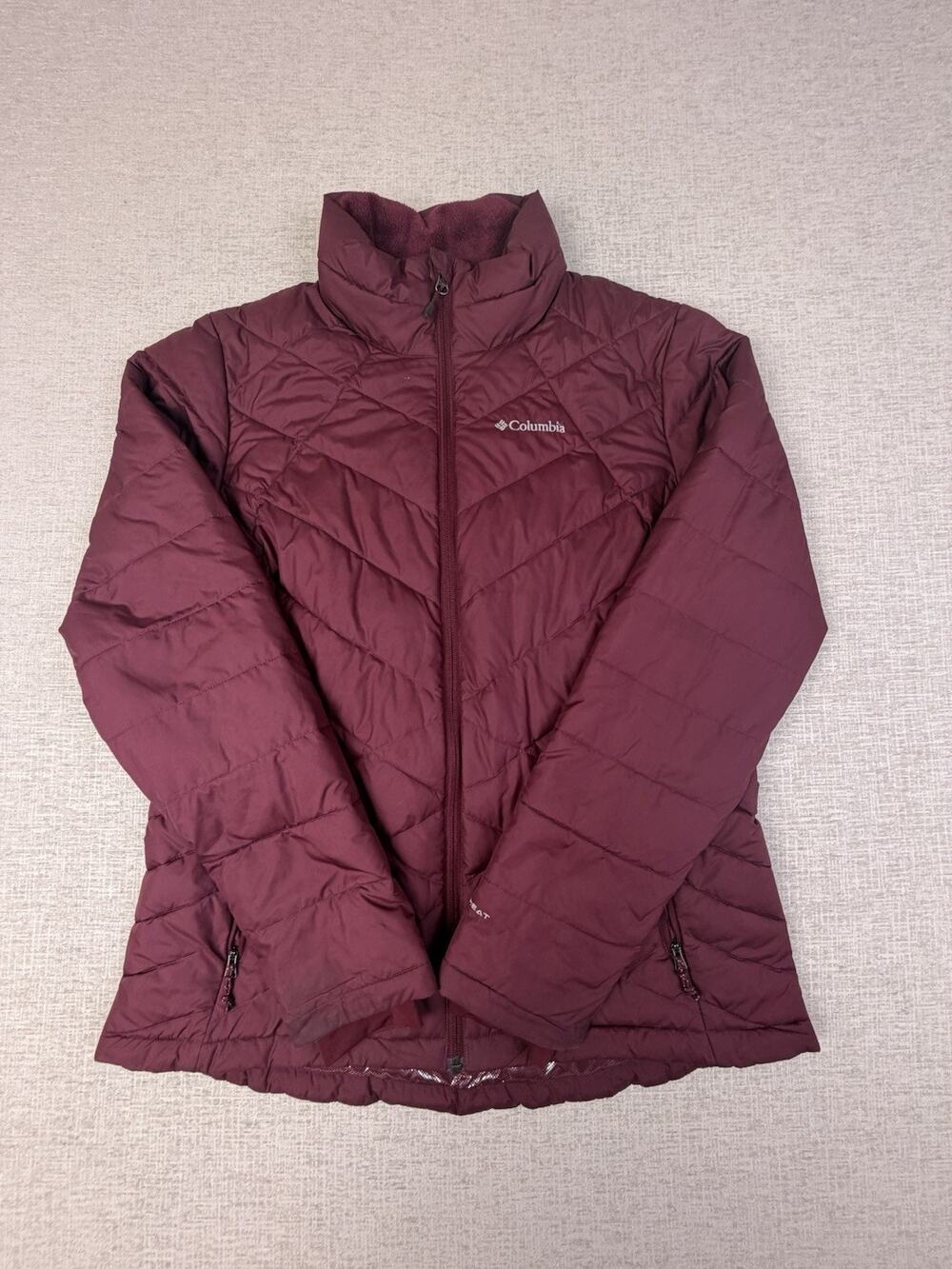 Columbia Omni-Heat Womens Large Insulated Puffer Jacket Burgundy Fleece Collar